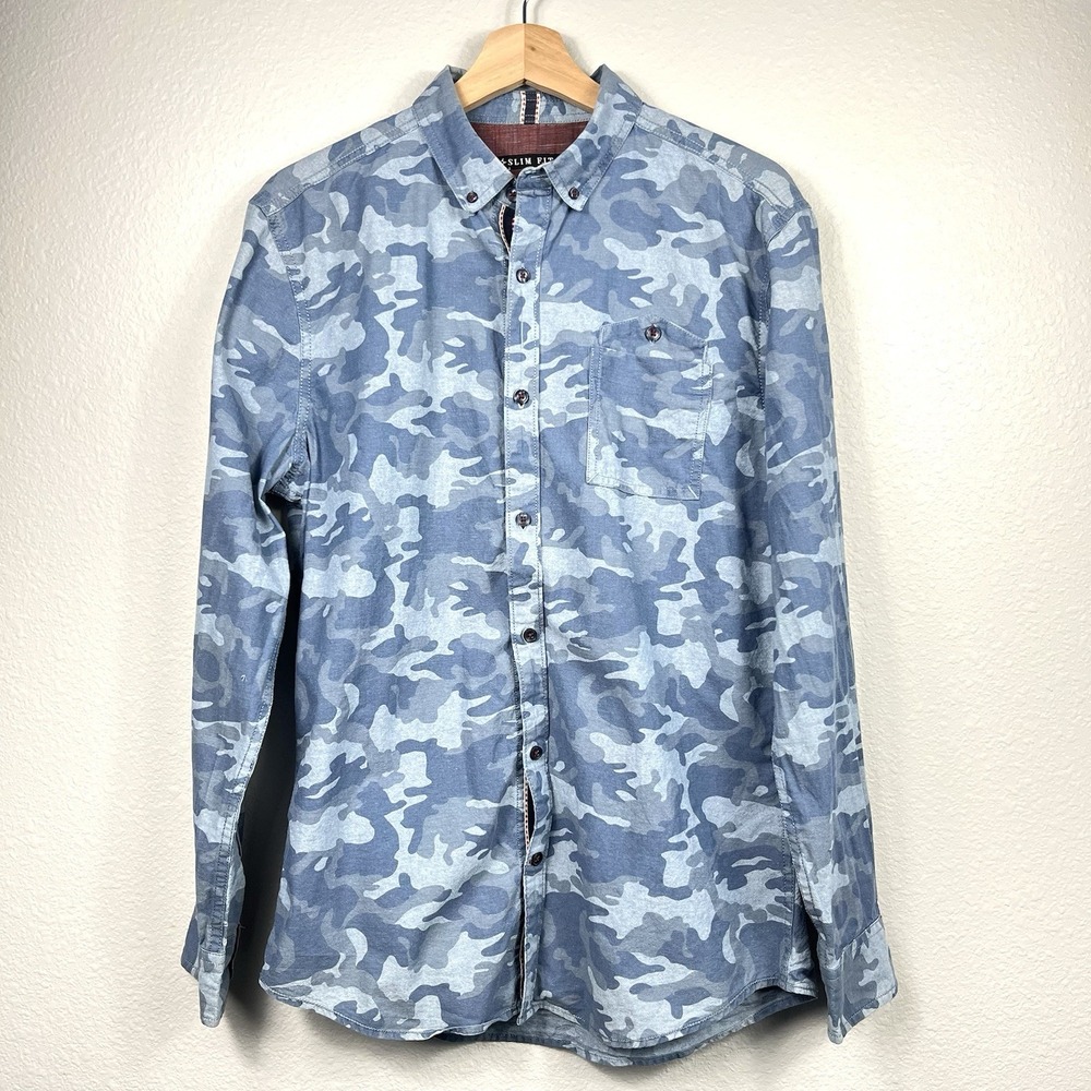 Raw Yarn Industries Mens Slim Fit Blue‎ Camo Long Sleeve Shirt Sz M